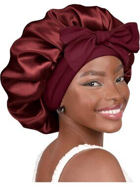 〽️Women Burgundy Doubl Layer Hair Wrap Reduce Friction Prevent Frizz Satin Bonet